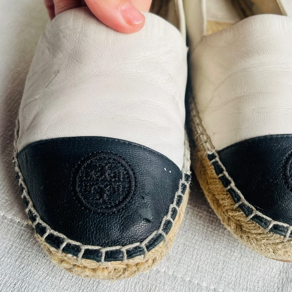 TORY BURCH Colorblock Espadrilles Leather Ivory Black Women’s